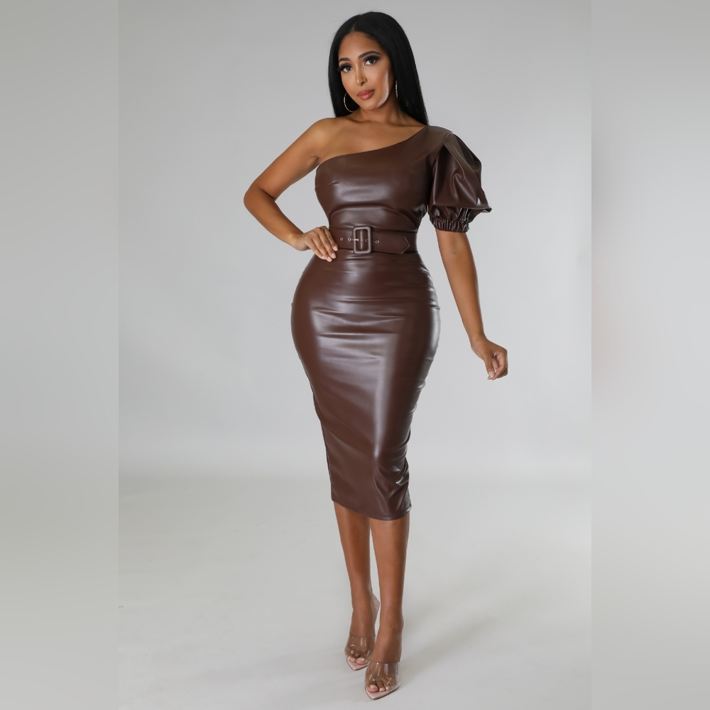 Chic One Sleeved Faux Leather Dress